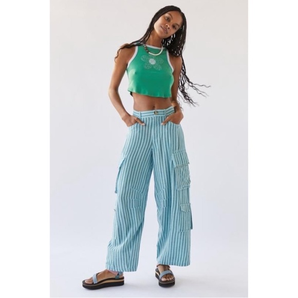 Urban Outfitters Blue Striped Linen Blend Cargo Flowy Pants Festival size small - Picture 1 of 14
